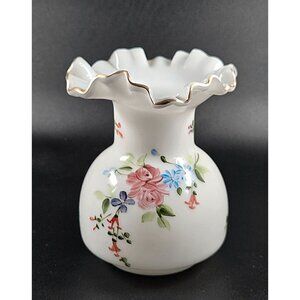 Hand-Painted Floral Milk Glass Fenton Charleton Rose Vase W/ Ruffled Gold-Trimme
